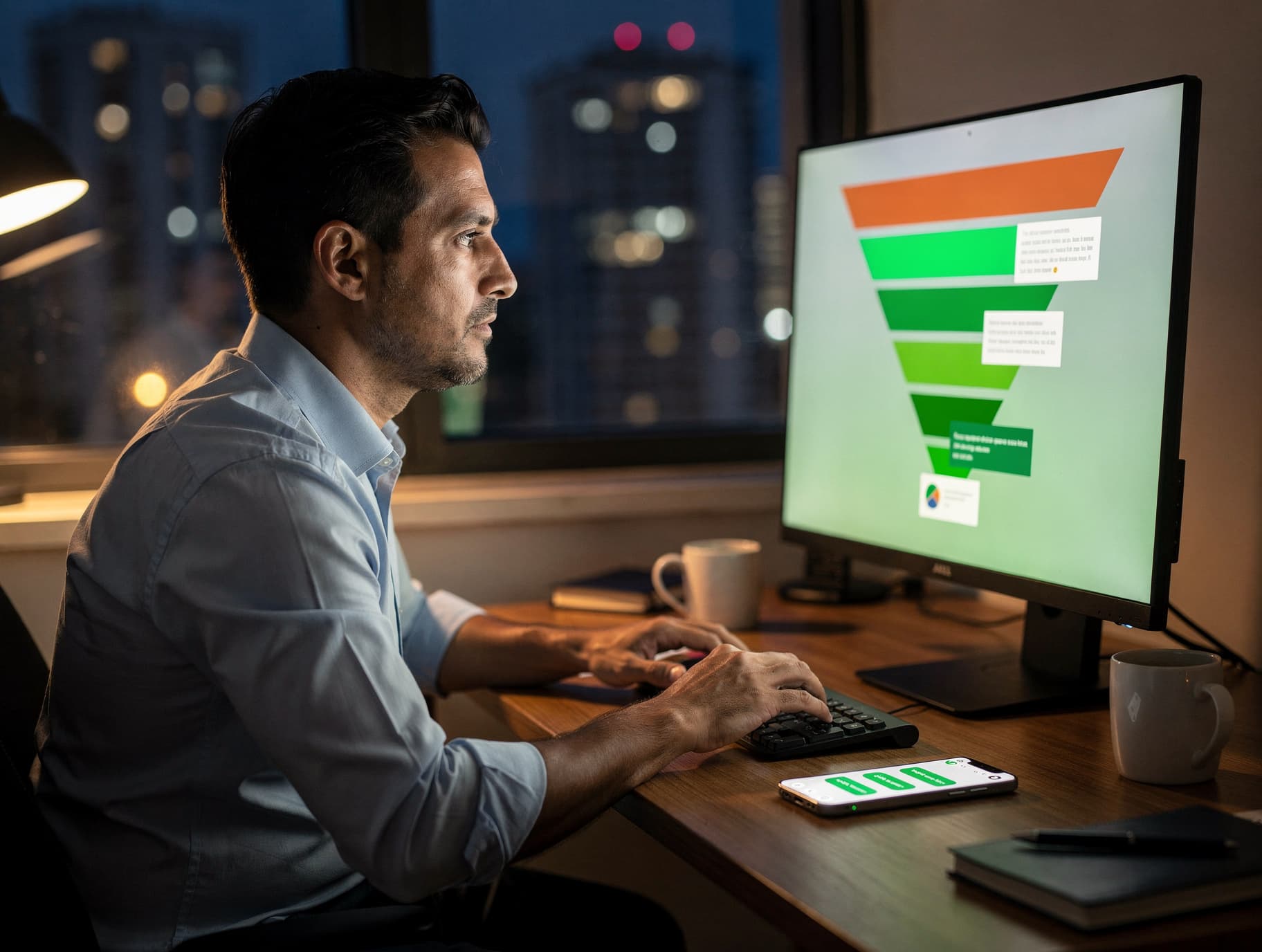 Sales manager looking at a monitor in an office at night, showing a sales funnel dashboard being updated as WhatsApp conversations arrive on the phone beside him.