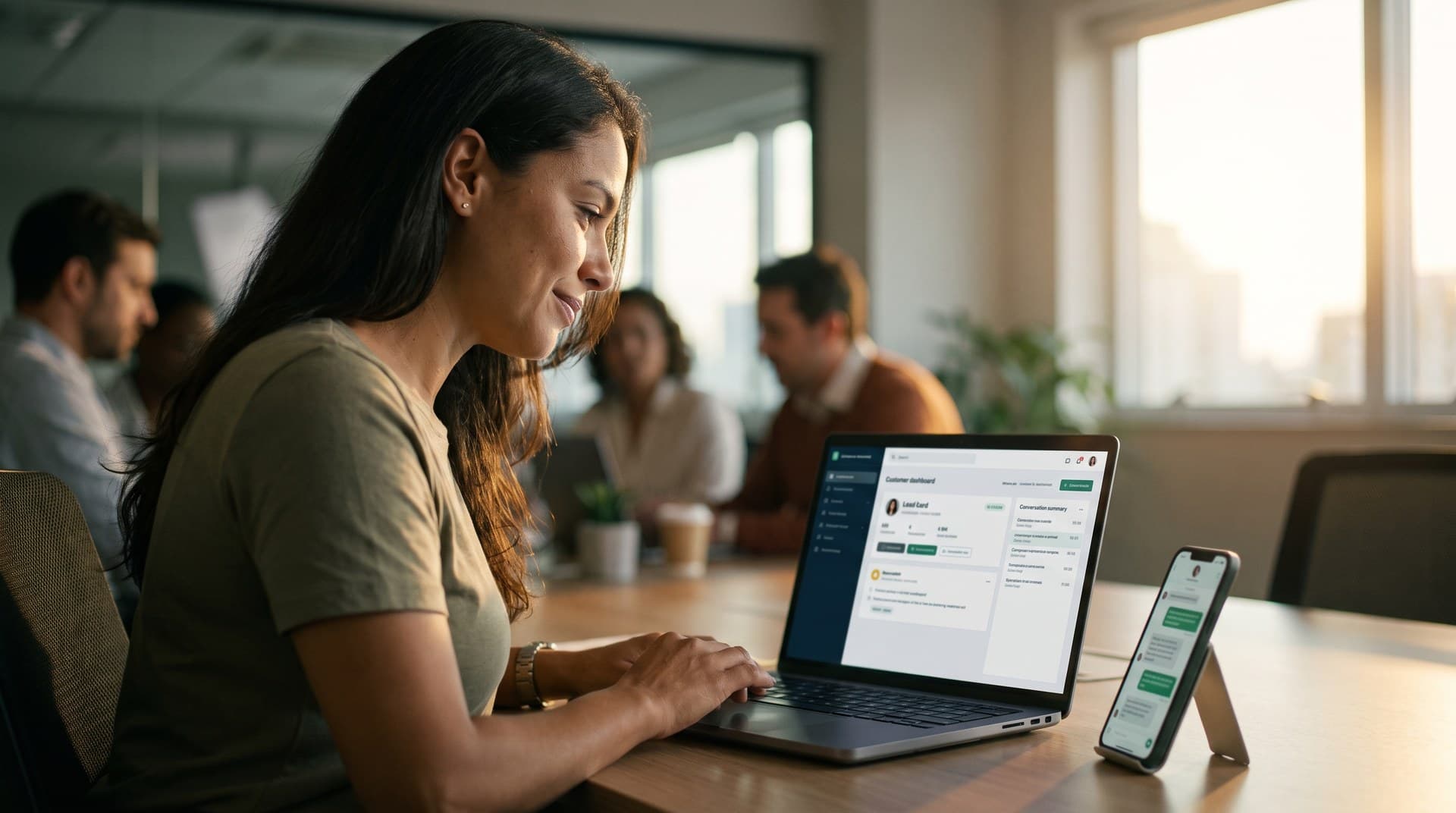 Vendedora em um escritório recebe no notebook o resumo de uma conversa de WhatsApp já qualificada pela IA, pronta para assumir o atendimento.