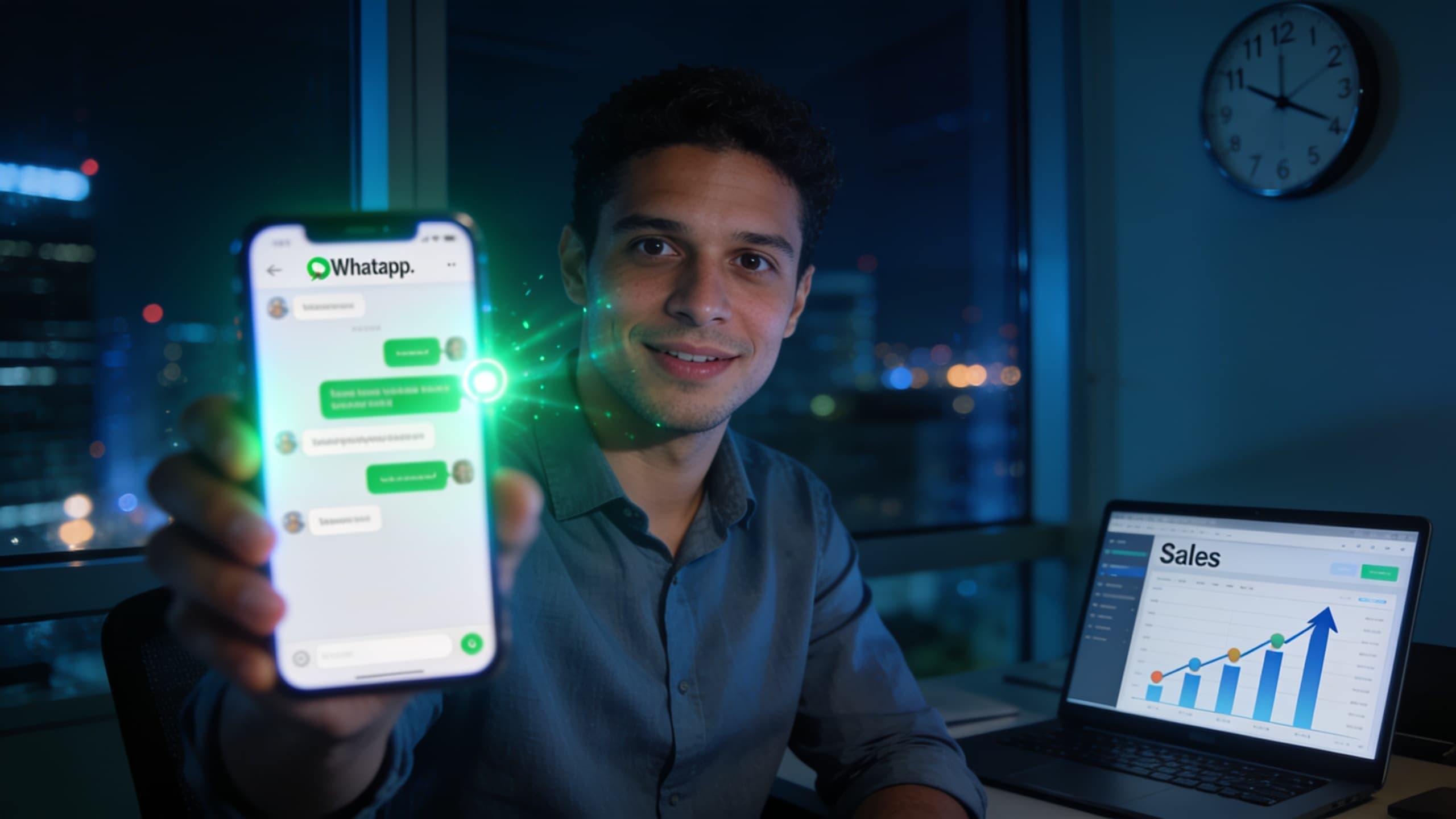 Salesperson in an office at night looking at a smartphone where a WhatsApp conversation is being answered automatically by artificial intelligence, with a leads and sales dashboard in the background